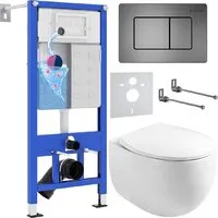 Унитаз подвесной Roxen Egg в комплекте с инсталляцией StounFix Dual Fresh 6 в 1 964215 (кнопка оружейная сталь)
