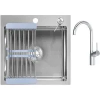 Кухонная мойка Saniteco 4848 Spike F9S07000 (хром, с сифоном, дозатором и коландером)