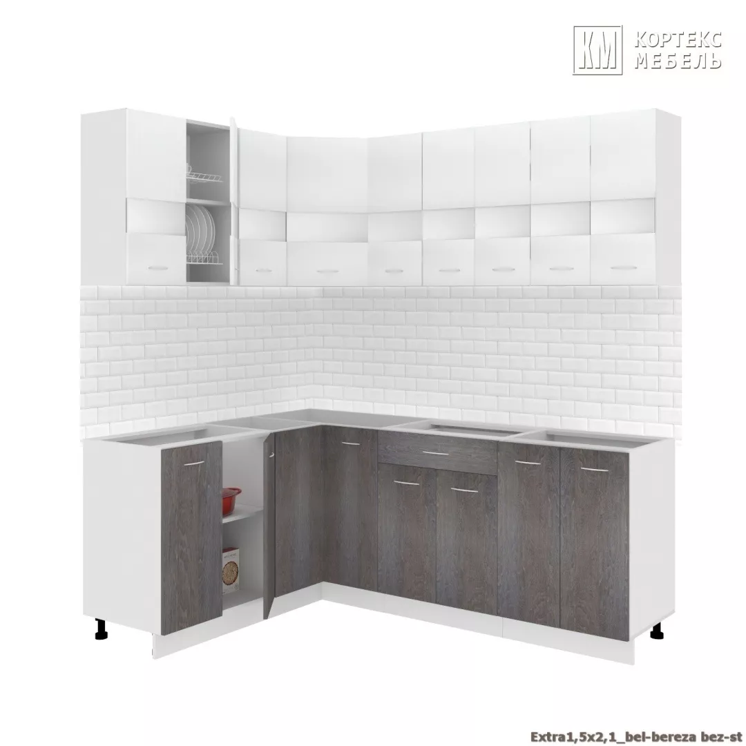Готовая кухня Кортекс-мебель Корнелия ЭКСТРА угловая 1,5х2,1 без столешницы Белый / Берёза