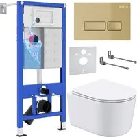 Унитаз подвесной Roxen Simple compact в комплекте с инсталляцией StounFix Dual Fresh 6 в 1 968084 (кнопка брашированное золото)
