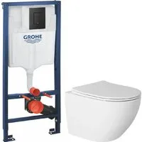 Унитаз подвесной Saniteco Rimless R-203 GROHE Solido 38811KF0 (с кнопкой черный матовый)