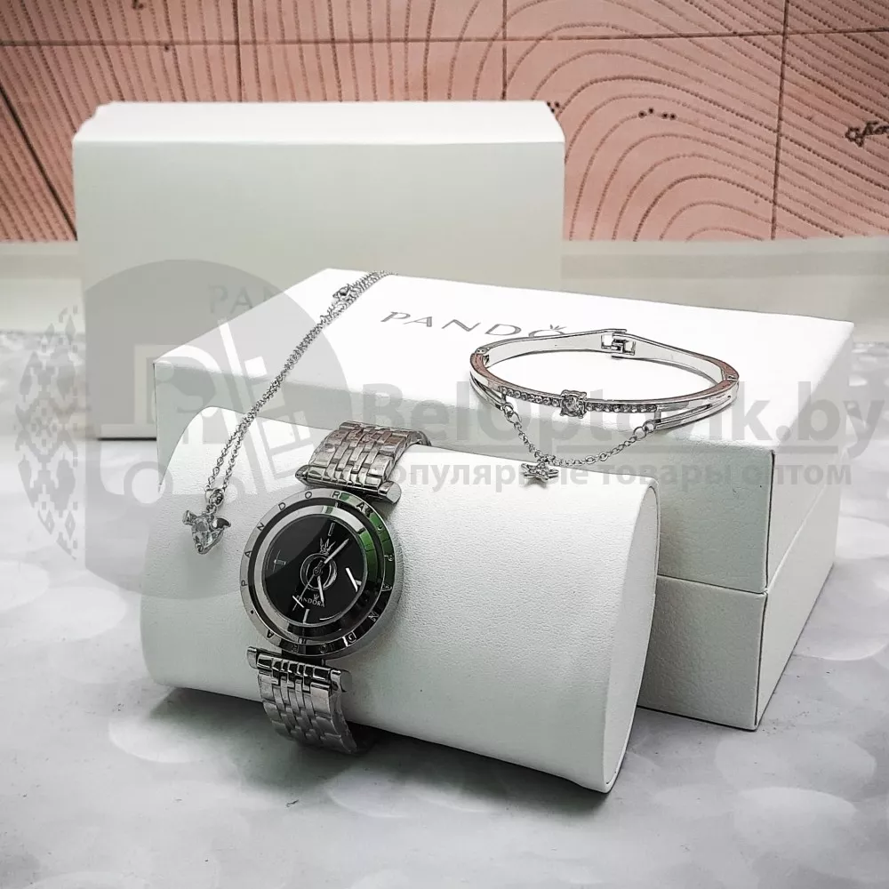 Комплект Pandora (Часы, кулон, браслет) Серебро с черным циферблатом ОПТОМ