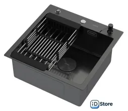Кухонная мойка ARFEKA ECO AR мойка 500500 POP-UP, коландер, дозатор BLACK DECOR VOLCANIC ROCK