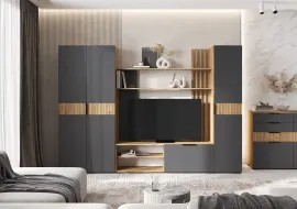 Модульная гостиная Роджина (Комплект 1) - Дуб Крафт / Графит (МИФ) 3,2 м.