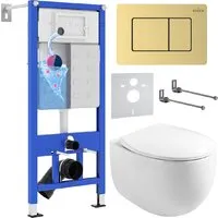 Унитаз подвесной Roxen Egg в комплекте с инсталляцией StounFix Dual Fresh 6 в 1 968475 (кнопка брашированное золото)