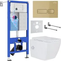 Унитаз подвесной Roxen Cube bidet в комплекте с инсталляцией StounFix Dual Fresh 6 в 1 968095 (кнопка брашированное золото)