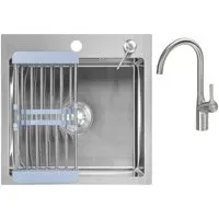 Кухонная мойка Saniteco 4848 Spike F9S07011 (сатин, с сифоном, дозатором и коландером)