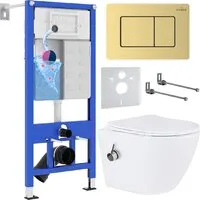 Унитаз подвесной Roxen Antares Bidet в комплекте с инсталляцией StounFix Dual Fresh 6 в 1 968457 (кнопка брашированное золото)
