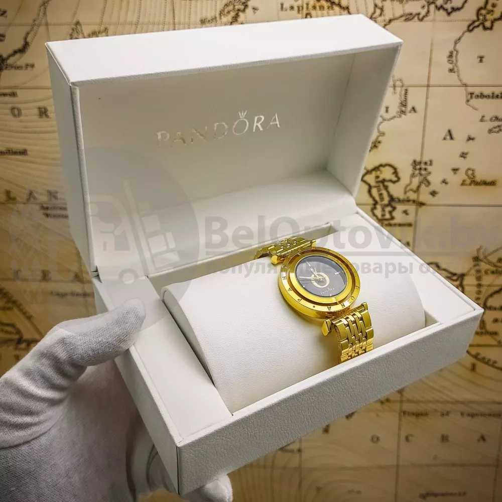 Комплект Pandora (Часы, кулон, браслет) Серебро с черным циферблатом ОПТОМ