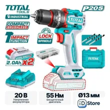 Ударная дрель-шуруповерт Total TIDLI20558 (с 2-мя АКБ, кейс)
