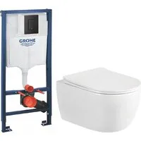 Унитаз подвесной Saniteco Rimless R-209W GROHE Solido 38811KF0 (с кнопкой черный матовый)