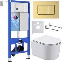 Унитаз подвесной Roxen Simple compact в комплекте с инсталляцией StounFix Dual Fresh 6 в 1 968480 (кнопка брашированное золото)