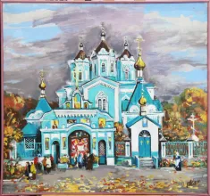 Картина "Церковь в Хотимске" холст/акрил, размер 7276 в деревянной раме