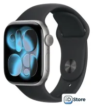 Умные часы Apple Watch Series 11 42 мм (алюминиевый корпус, космический серый/черный, спортивный силиконовый ремешок M/L)