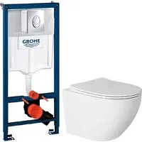 Унитаз подвесной Saniteco Rimless R-203 GROHE Rapid SL 38721001 (с кнопкой хром глянец)