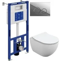 Унитаз подвесной Cersanit Brasko Slim 64824 Aqua Prime М 50 68179 с кнопкой Twins 63523 (кнопка хром глянцевый)