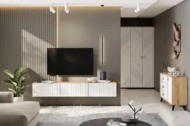 Тумба под ТВ NN Мебель (МС Байкал К) Дуб Золотой/Белый матовый