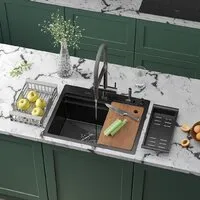 Кухонная мойка Roxen Stage 560250-60B PVD графит (c держателем для ножей, двумя коландерами, разделочной доской и дозатором)