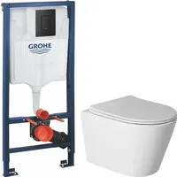Унитаз подвесной Saniteco Rimless R-201W GROHE Solido 38811KF0 (с кнопкой черный матовый)