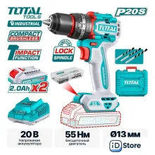 Ударная дрель-шуруповерт Total TIDLI20558 (с 2-мя АКБ, кейс)