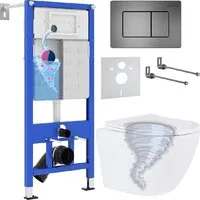 Унитаз подвесной Roxen Antares Tornado Long в комплекте с инсталляцией StounFix Dual Fresh 6 в 1 868441 (кнопка оружейная сталь матовая)