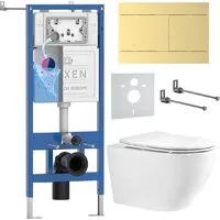 Унитаз подвесной Roxen Antares Tornado Long в комплекте с инсталляцией StounFix Dual Fresh 6 в 1 868465 (кнопка брашированное золото матовая)