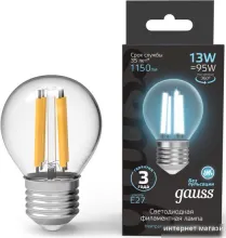 Светодиодная лампочка Gauss Filament Шар 13W 1150lm 4100К Е27 LED 1/10/50 105802213