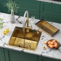 Кухонная мойка Roxen Simple 560220-50G-V золото/текстурная PVD покрытие (с коландером и дозатором)