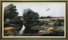 Гобелен "Сельский пейзаж с рекой" размер 5277 в зеленой багетной раме.