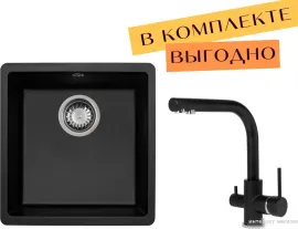 Кухонная мойка Aquasanita Fast SQF 101 cмеситель Akvaduo 2663 L (черный металлик 601)