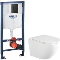Унитаз подвесной Saniteco Rimless R-203M GROHE Solido 38811KF0 (с кнопкой черный матовый)