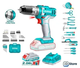 Ударная дрель-шуруповерт Total THKTHP11652 (с 1-м АКБ, кейс, набор оснастки)