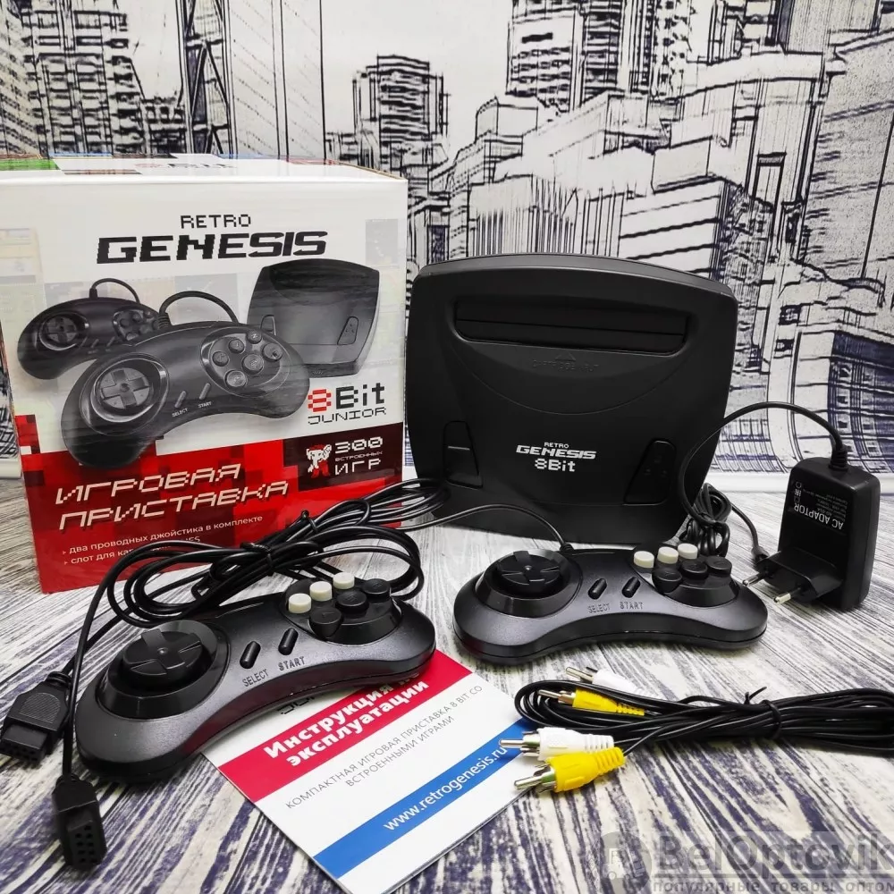 Игровая приставка Retro Genesis 8 Bit Junior, AV кабель, 2 проводн. джойст., 300 игр, черная ОПТОМ