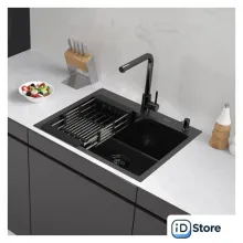 Кухонная мойка ARFEKA ECO AR мойка 600500, коландер, дозатор BLACK DECOR VOLCANIC ROCK