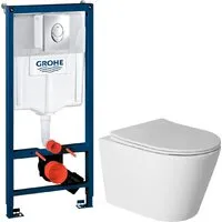 Унитаз подвесной Saniteco Rimless R-201W GROHE Rapid SL 38721001 (с кнопкой хром глянец)
