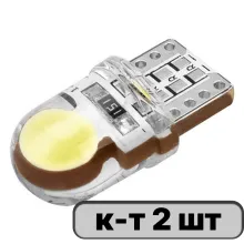 Автолампа диод W5W (T10, 194) W2.1x9.5d 12V 2COB 1-конт 0,2W SKYWAY Белая, пакет с подвесом, комп