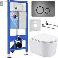 Унитаз подвесной Roxen Simple Compact в комплекте с инсталляцией StounFix Dual Fresh 6 в 1 963592 (кнопка оружейная сталь)
