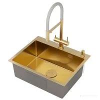 Кухонная мойка Roxen Simple 560220-60G-V золото/текстурная PVD покрытие (с коландером и дозатором)