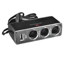 Разветвитель прикуривателя 3 гнезда USB SKYWAY Черный, предохранитель 5А, USB 1A S02301008