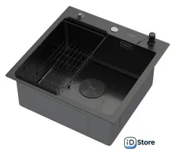 Кухонная мойка ARFEKA ECO AR мойка 500500 POP-UP, коландер F, дозатор BLACK DECOR VOLCANIC ROCK