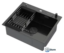 Кухонная мойка ARFEKA ECO AR мойка 600500 POP-UP, коландер, дозатор BLACK DECOR MILLET GRAINS